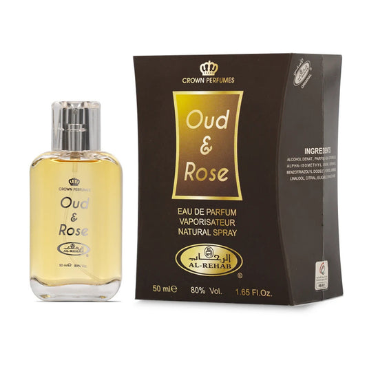 Al Rehab Oud & Rose 50ml EDP Spray perfume bottle and packaging on a white background