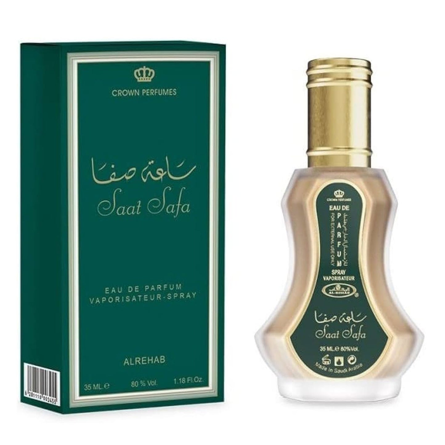 Perfume bottle and packaging of Saat Safa by Al Rehab Crown Perfumes on a white background