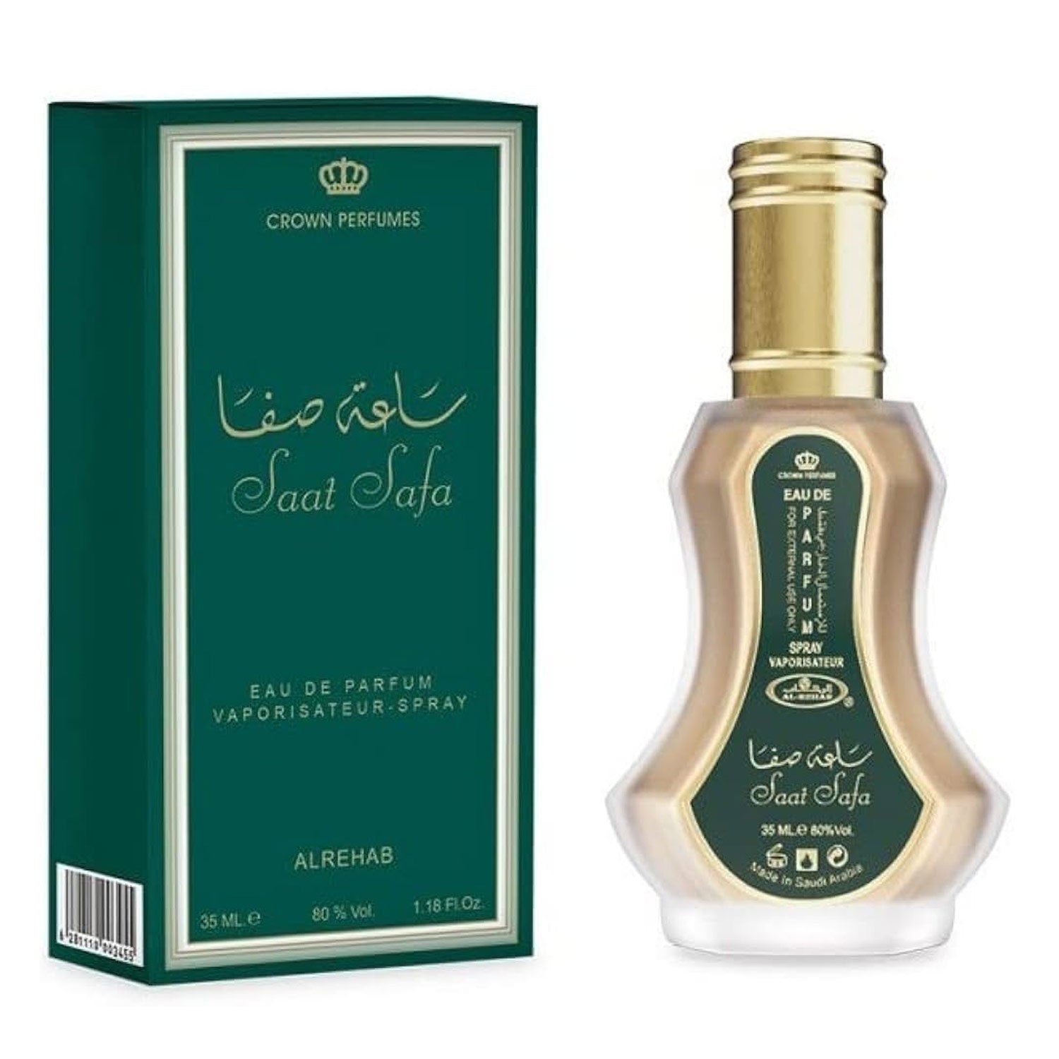 Perfume bottle and packaging of Saat Safa by Al Rehab Crown Perfumes on a white background
