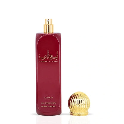 Red and gold perfume bottle with 'ASDAAF' branding on a white background Ameerat-Al-Arab-All-Over-body Spray