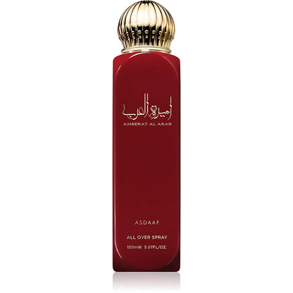 Red perfume bottle with gold cap on a white background Ameerat-Al-Arab-All-Over-Spray