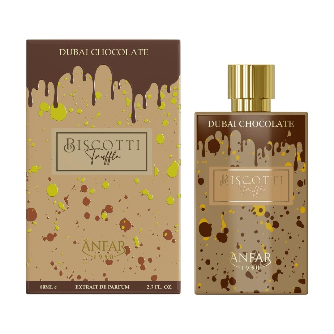 Biscotti Truffle perfume bottle and packaging with 'Dubai Chocolate' branding on a white background.