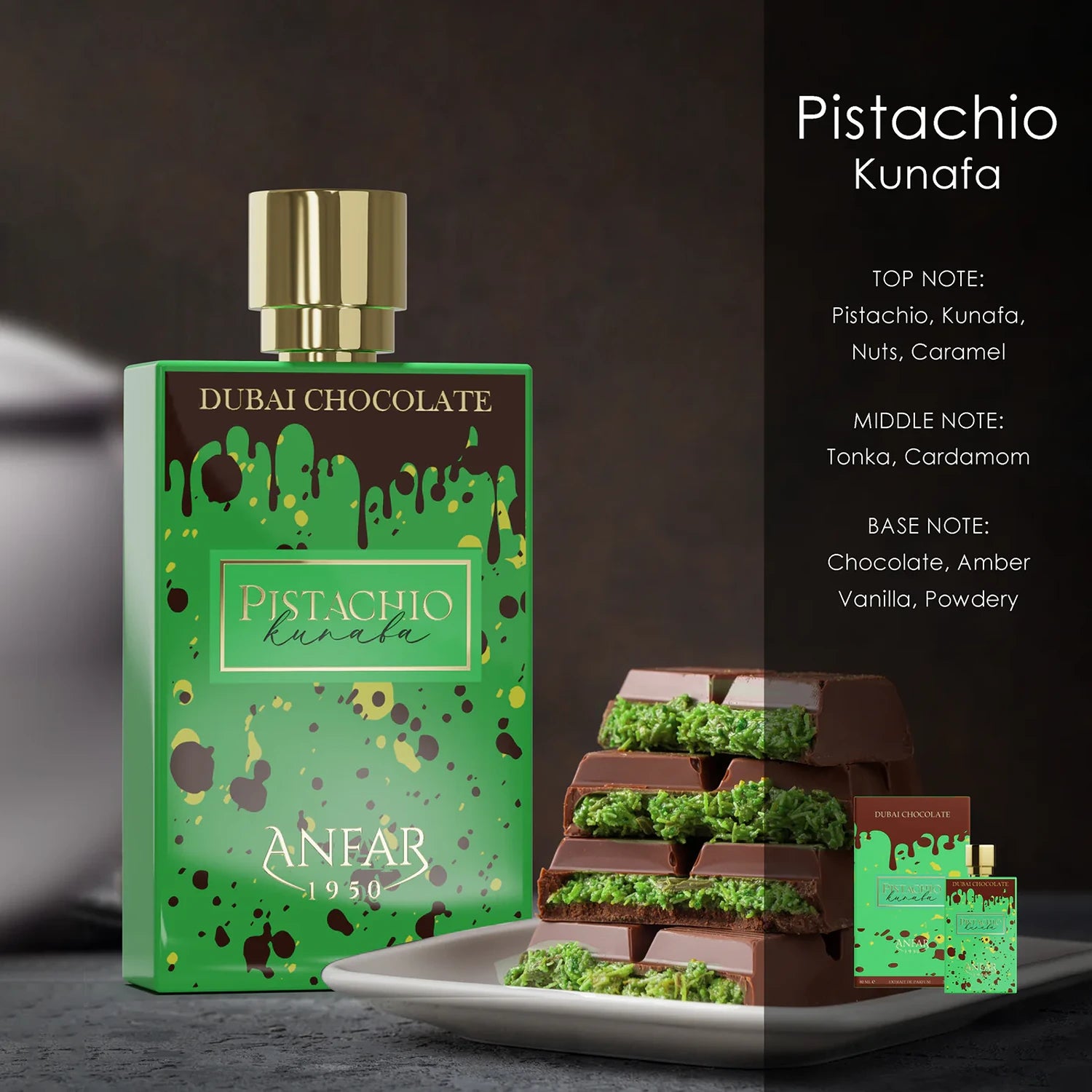 Anfar 1950 Pistachio Kunafa Dubai Chocolate 80ml fragrance notes card