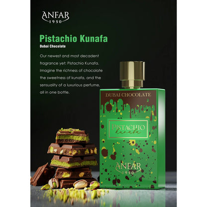 Anfar 1950 Pistachio Kunafa Dubai Chocolate 80ml with chocolate and branding