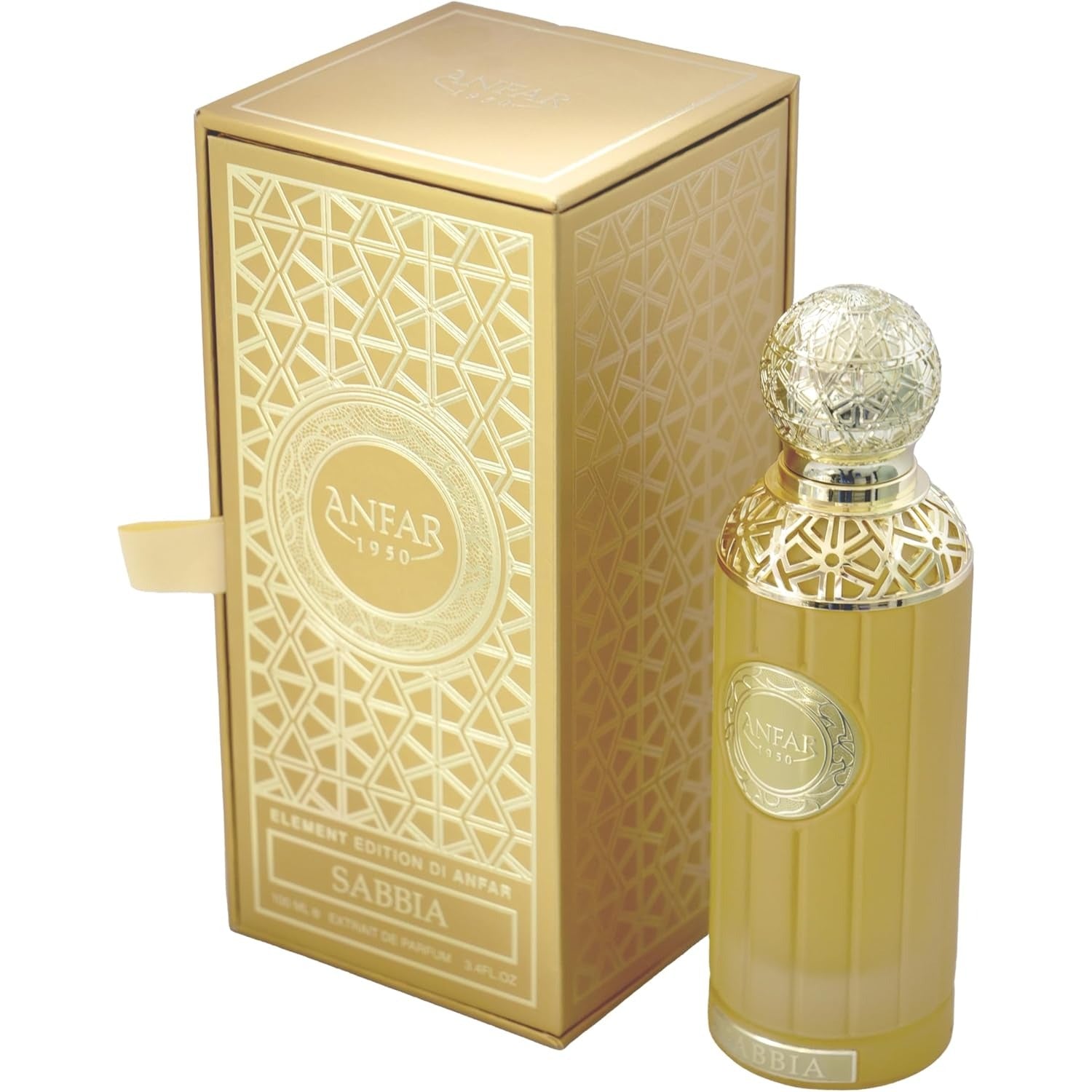 Anfar 1950 Sabbia 100ml bottle and gold box side view