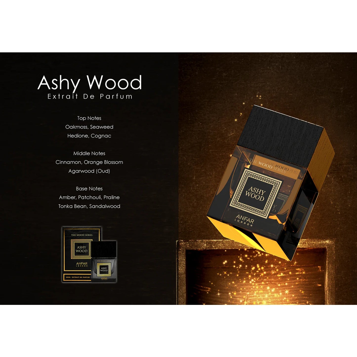Anfar Ashy Wood 100ml Extrait de Parfum framed with scent notes