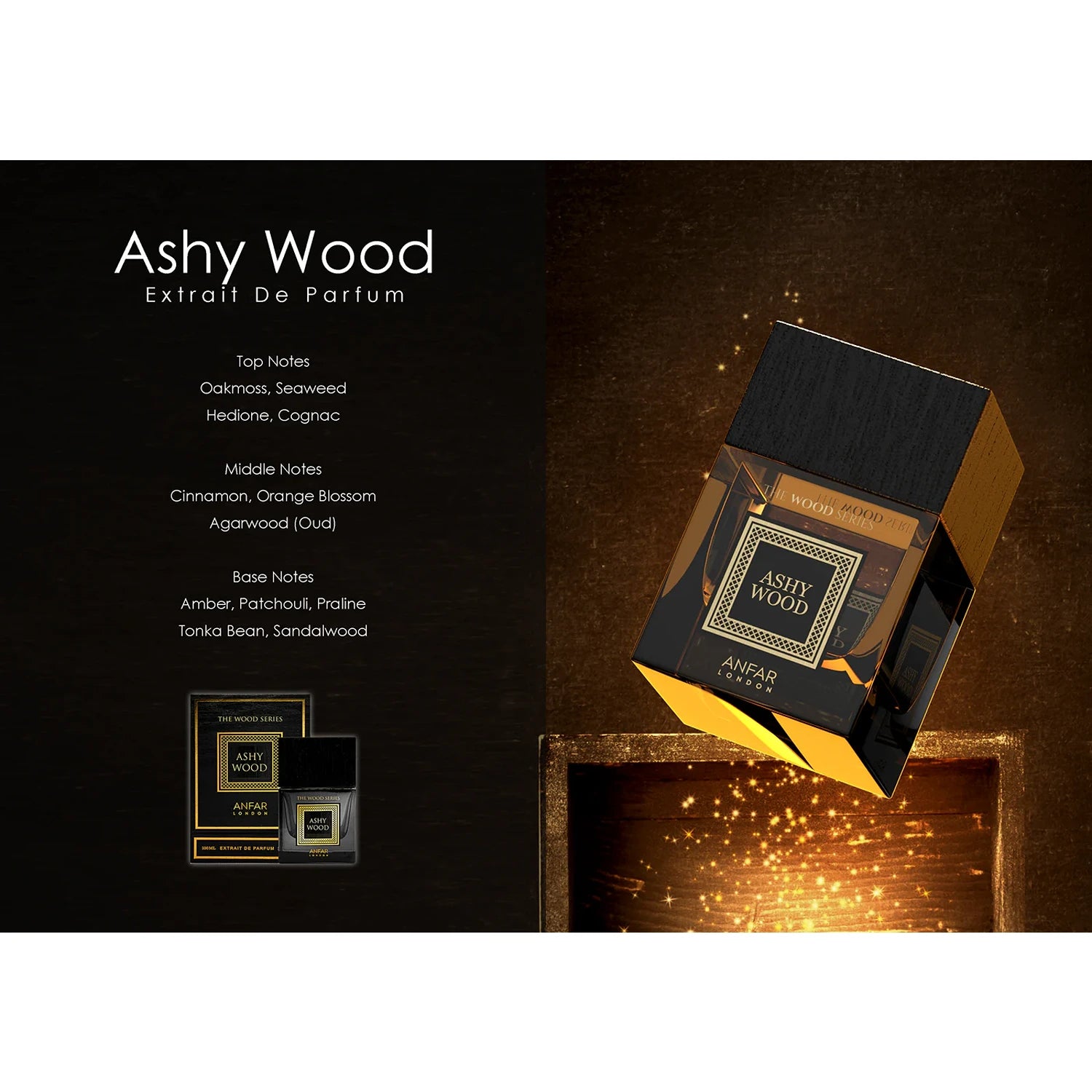 Anfar Ashy Wood 100ml Extrait de Parfum framed with scent notes