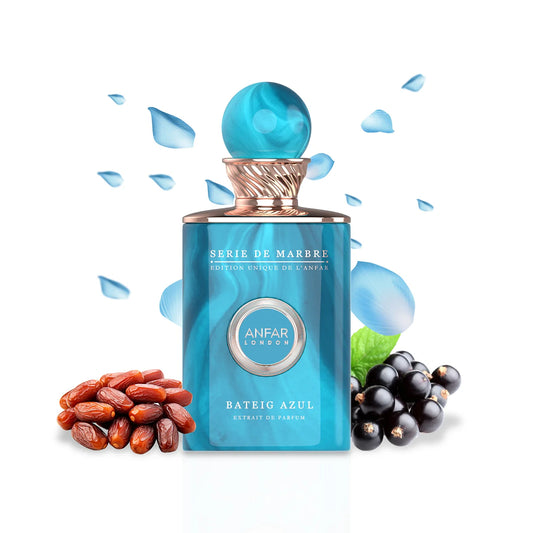 Anfar Bateig Azul 100ml Extrait de Parfum with fruit style backdrop