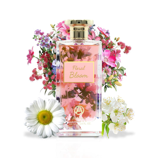 Anfar bottle labelled 'Floral Bloom' surrounded by flowers on a white background