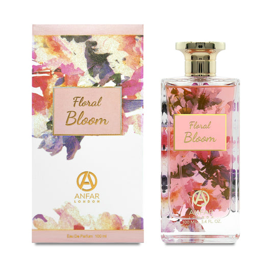 Floral Bloom perfume bottle and packaging by Anfar London on a white background