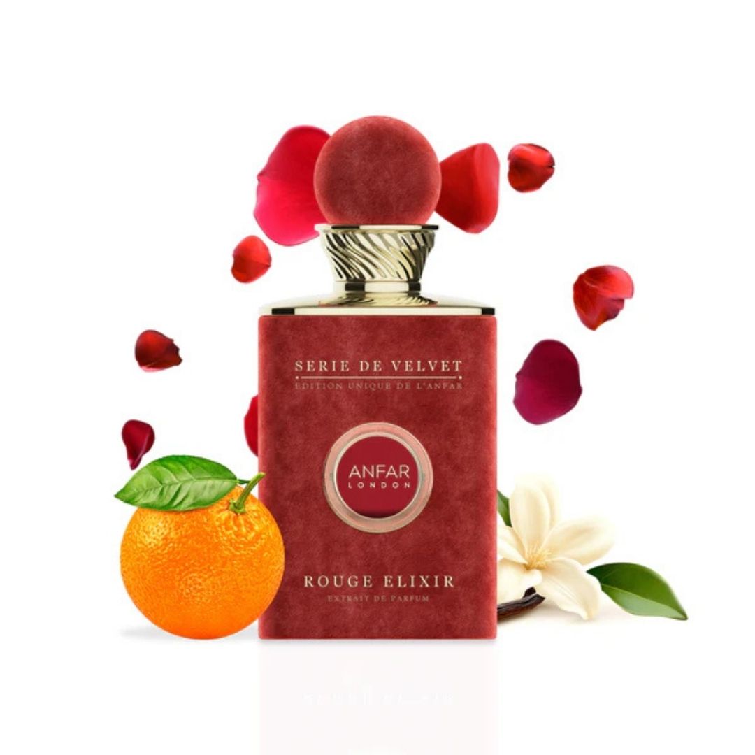 Anfar London Rouge Elixir Extrait de Parfum 100ml bottle with mandarin and petals
