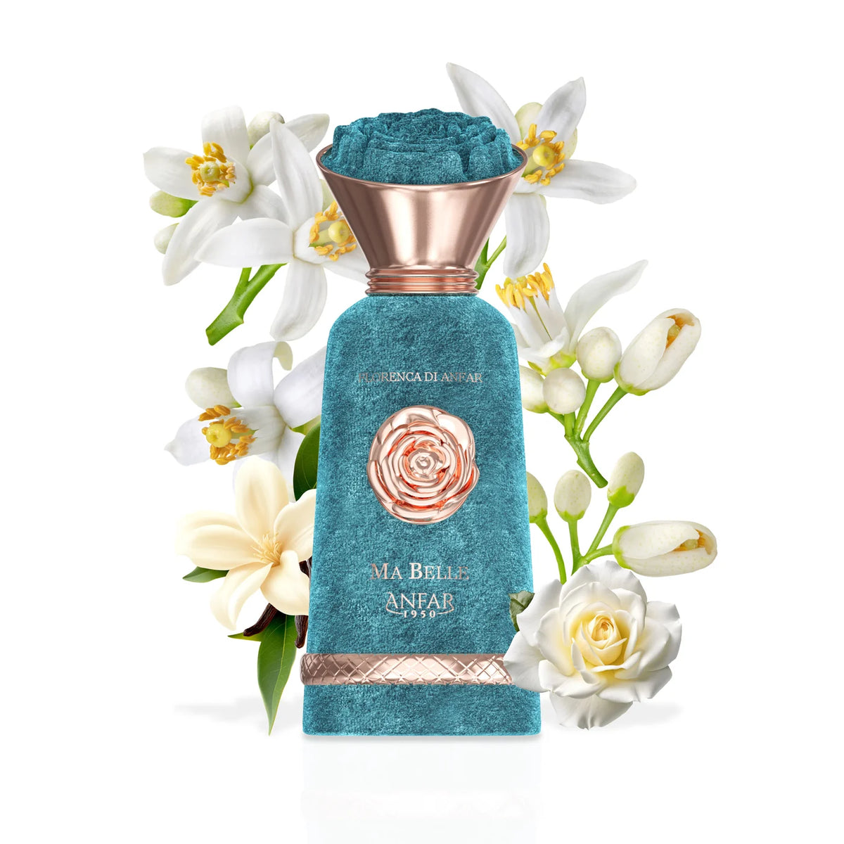 Ma Belle Anfar a Blue perfume bottle with rose design surrounded by white flowers on a white background