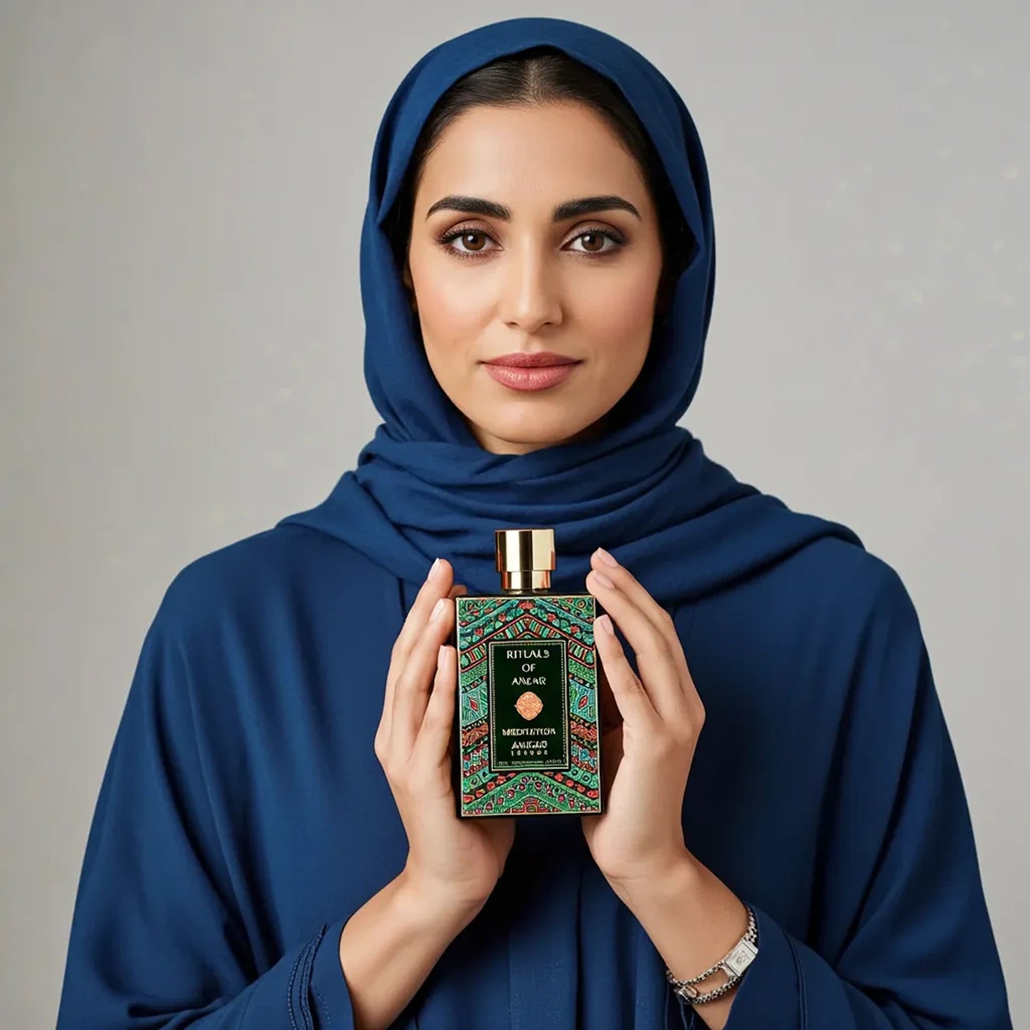 Anfar Meditation 80ml Extrait de Parfum held by woman in navy