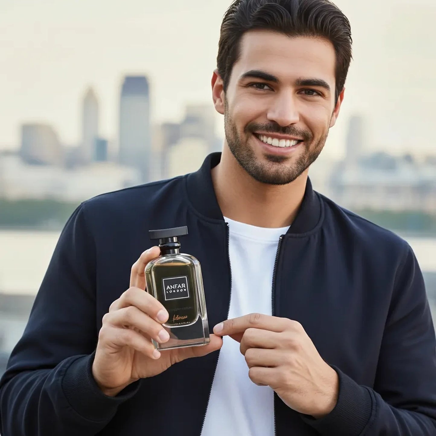 Anfar Midnight Homme Intense 100ml Extrait Parfum held by man smiling