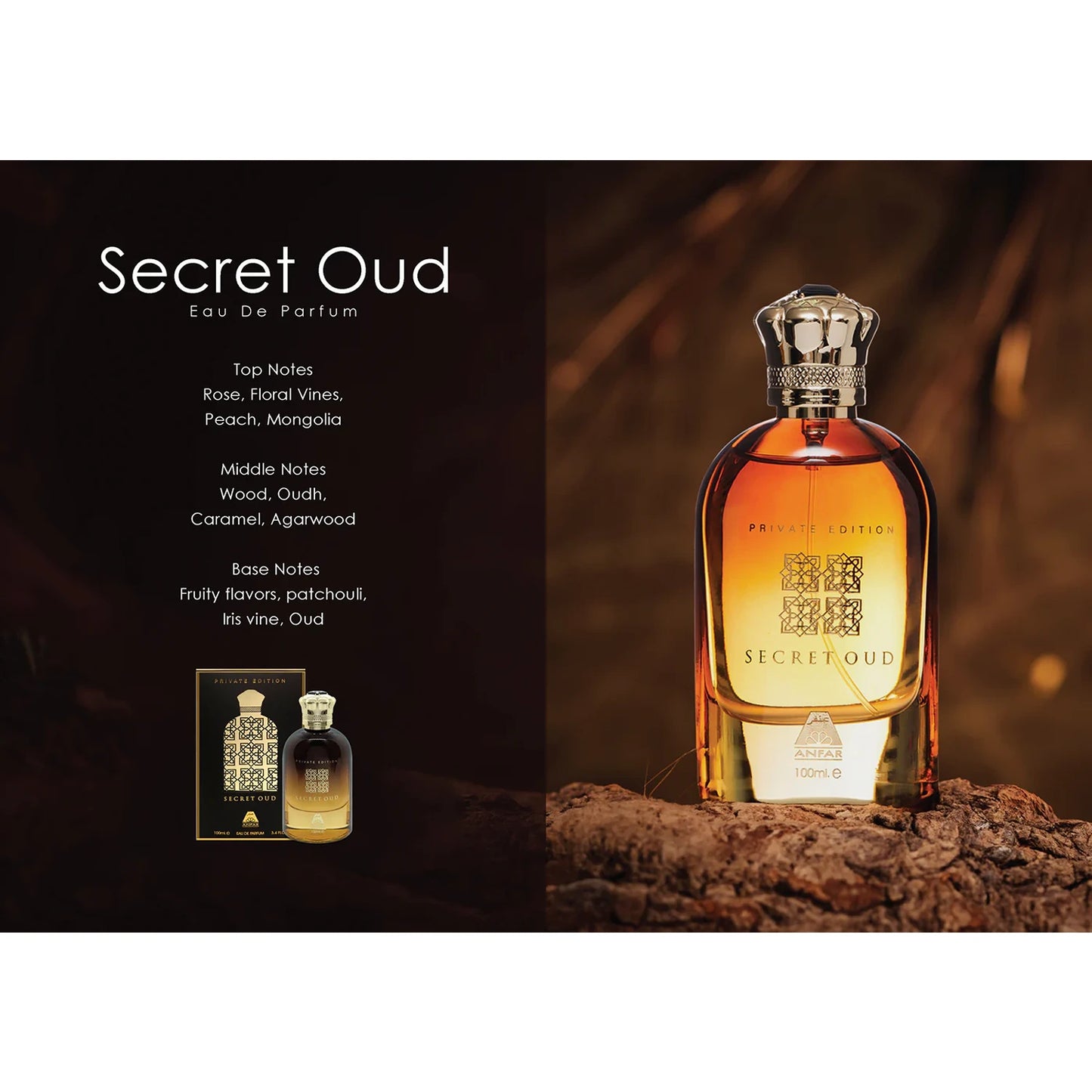 Anfar Secret Oud Private Edition 100ml EDP styled on stone base