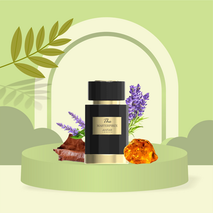 Black perfume bottle labeled 'Anfar The Masterpiece' with lavender flowers on a green background