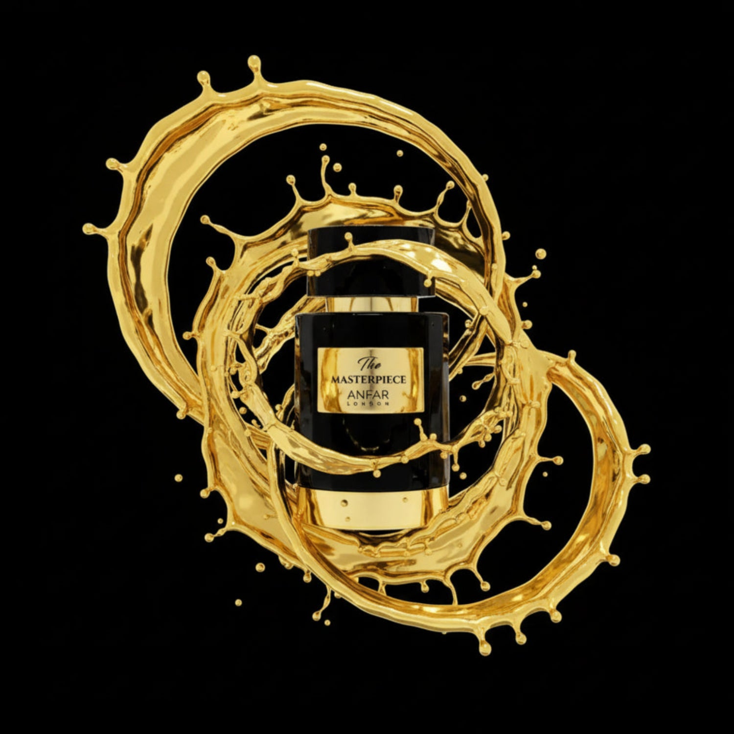Anfar The Masterpiece 100ml Luxury perfume bottle with gold splash design on a black background