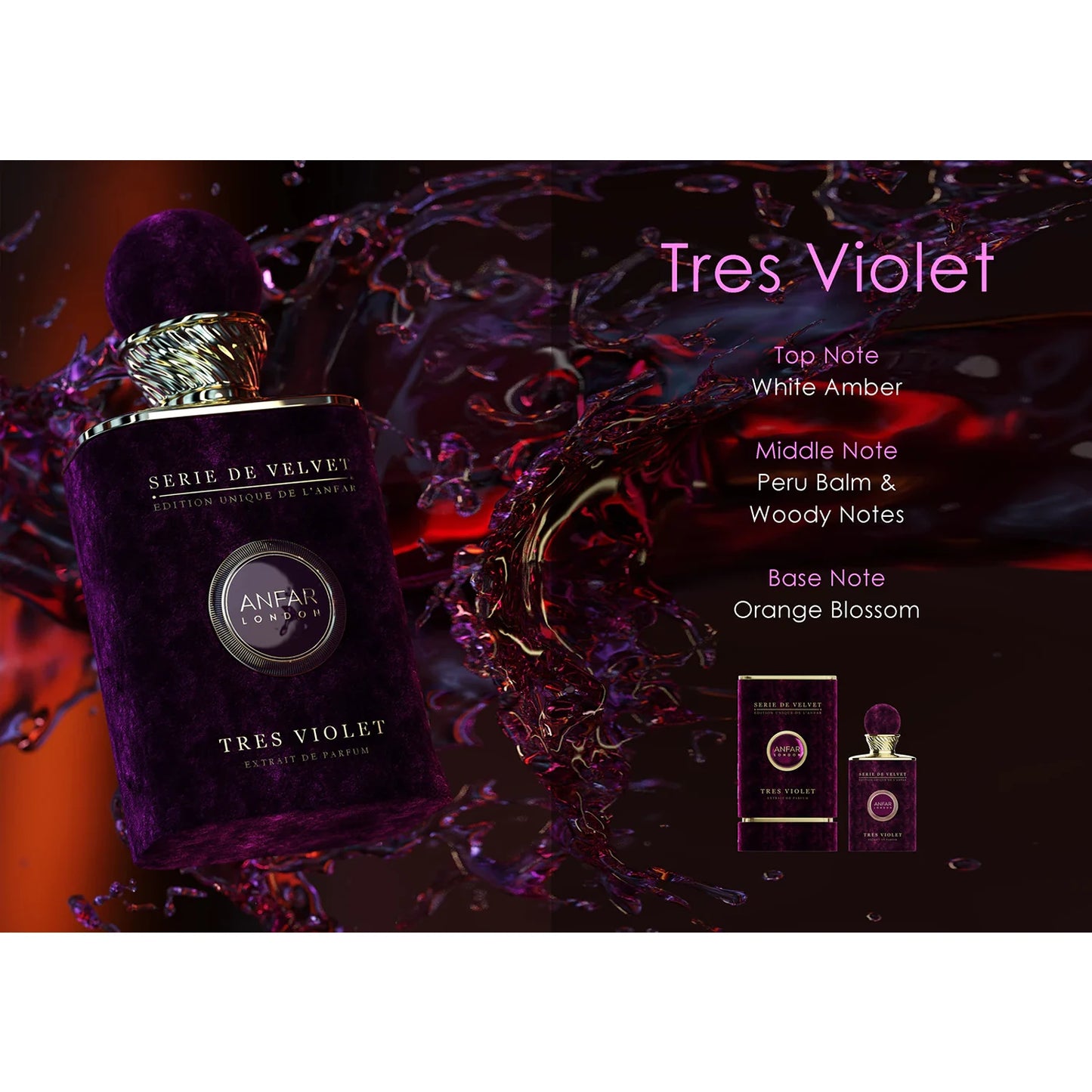 Anfar Tres Violet 100ml bottle with fragrance notes card