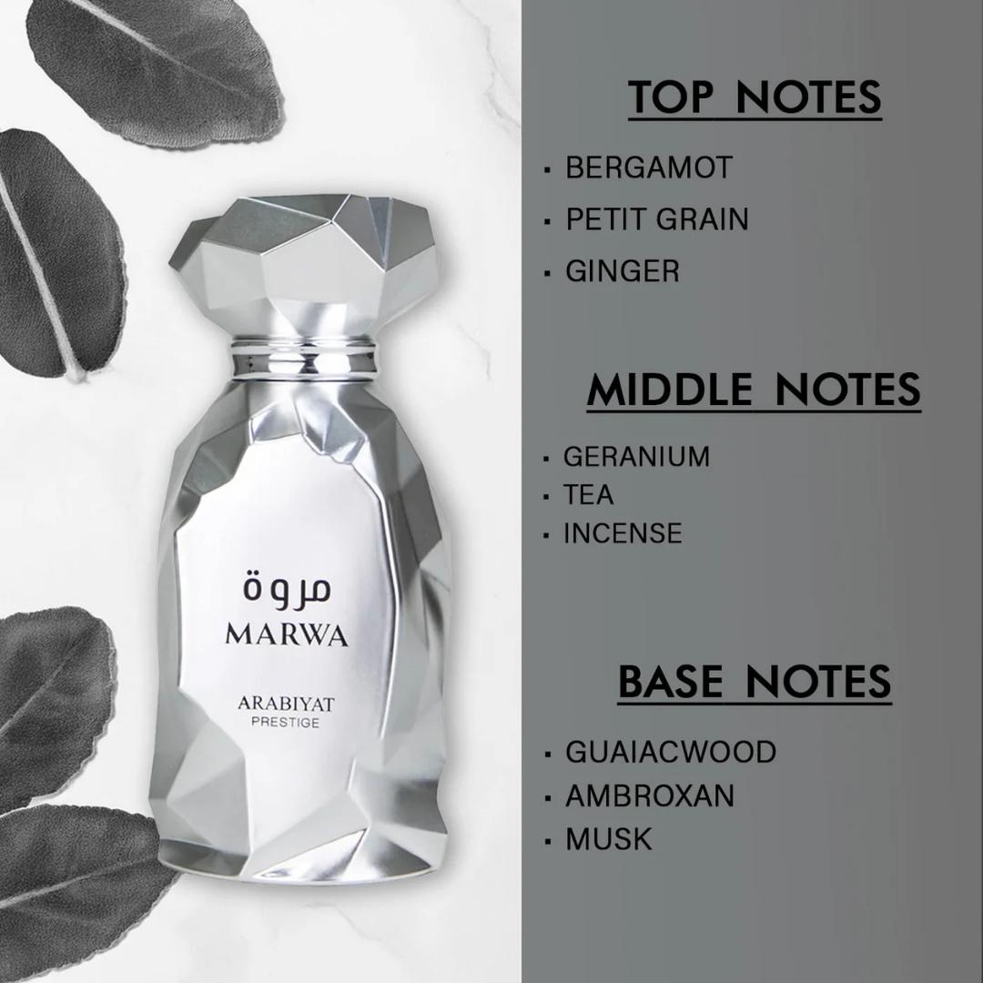 Arabiyat Prestige Marwa Eau de Parfum 100ml for Men bottle with fragrance notes display