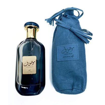 Ard Al Zaafaran Mousuf Azure Unisex EDP 100ml bottle with blue pouch on white background