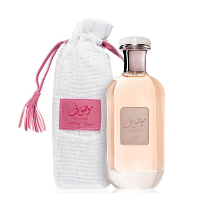 Ard Al Zaafaran Mousuf Daisy Perfume 100ml EDP For Women bottle with white pouch and pink tassel