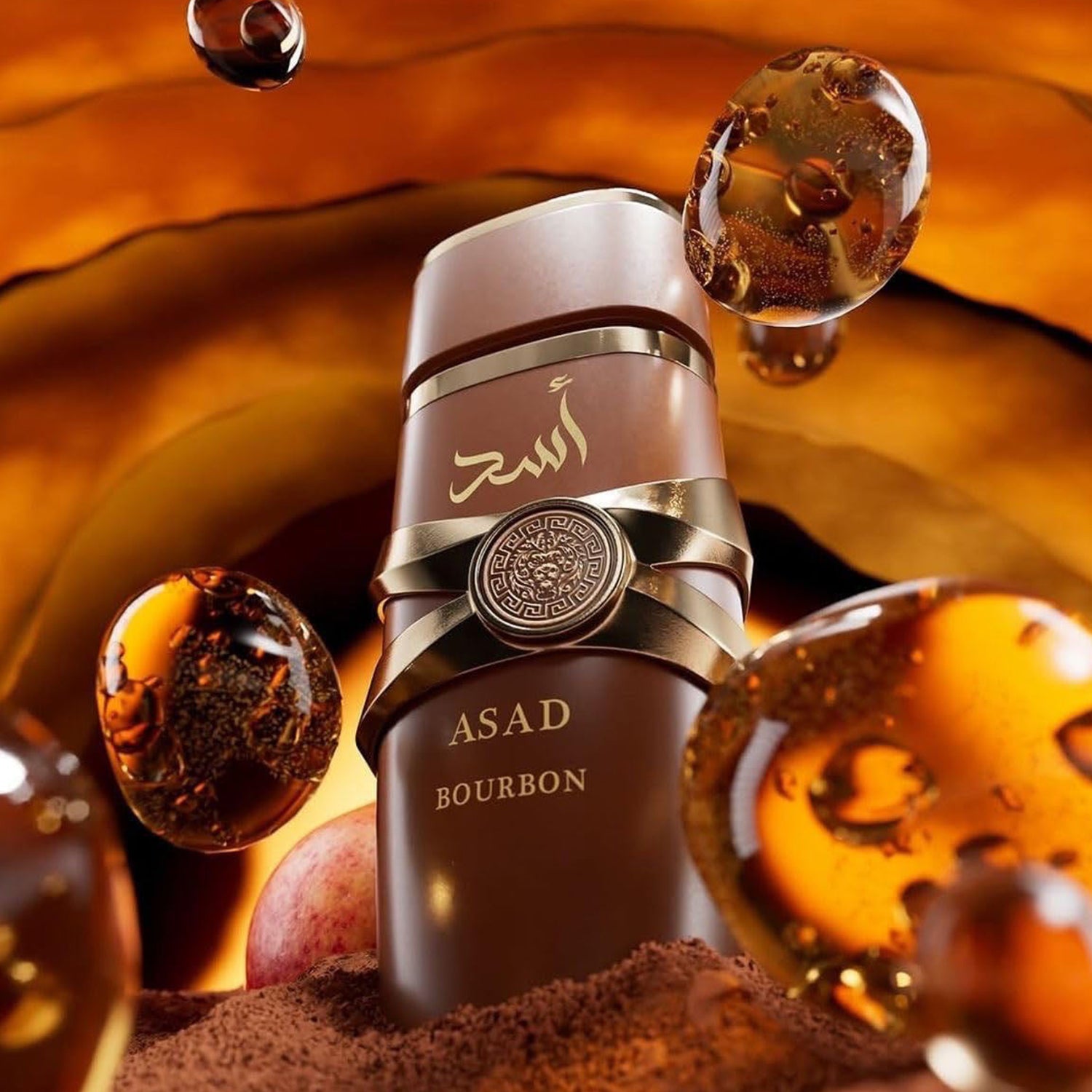 Bottle of Asad Bourbon with amber liquid droplets on a warm background