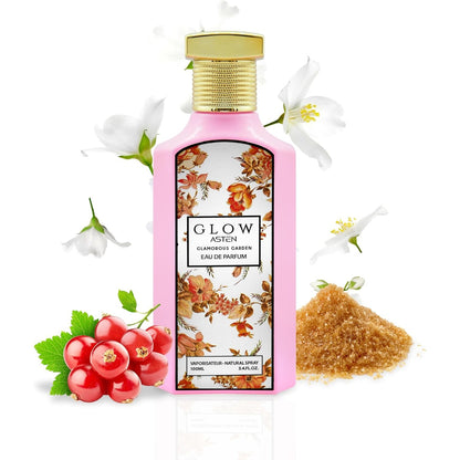 Asten Glow Glamorous Garden 100ml EDP bottle with berries and brown sugar