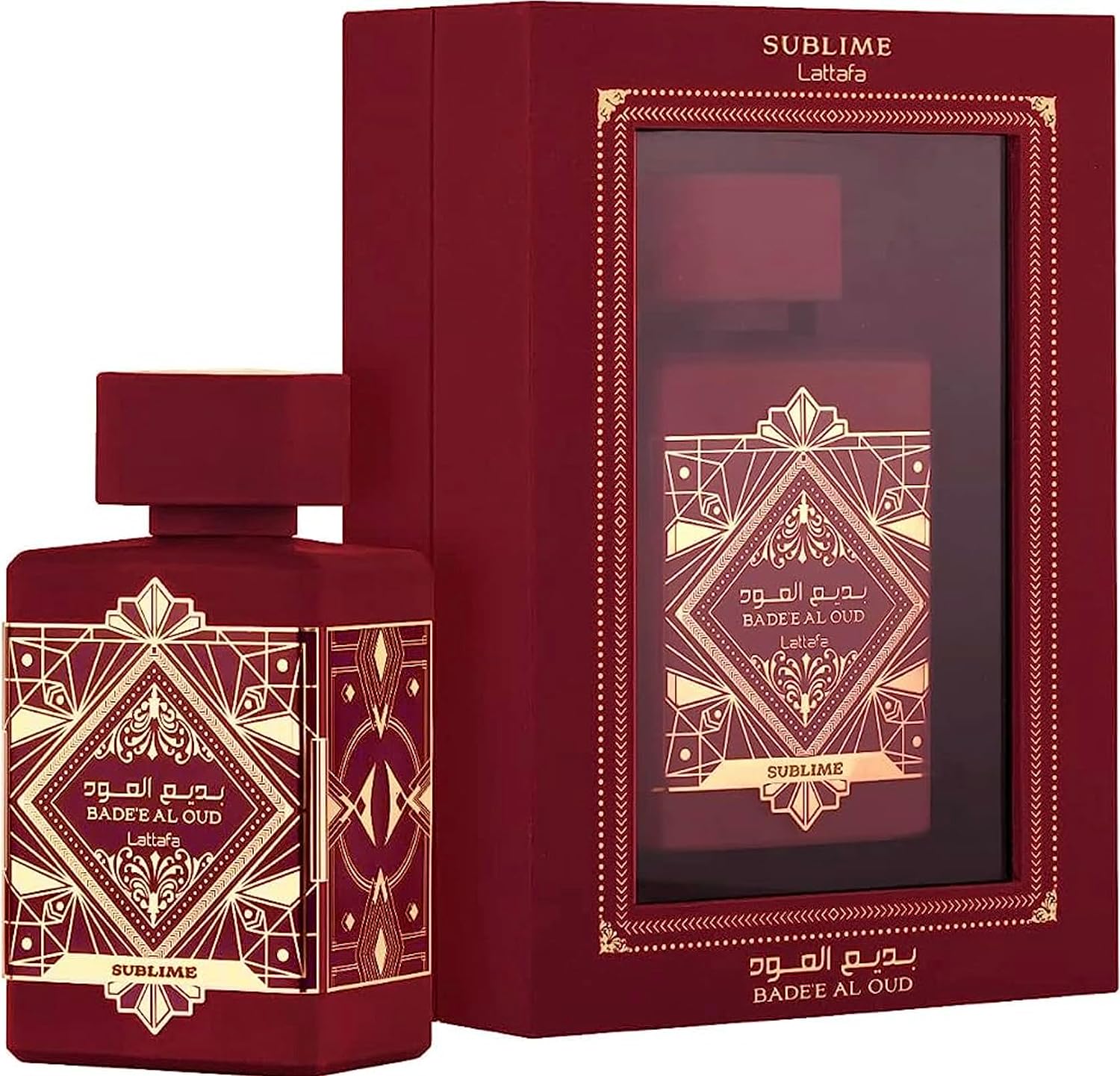 Badee Al Oud Sublime Red 100ml EDP by Lattafa bottle and box