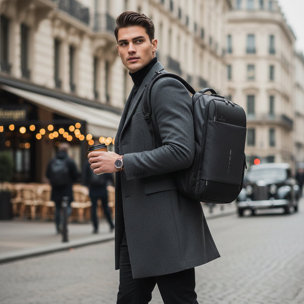 Man in a gray coat with a black backpack holding a coffee cup on a city street.