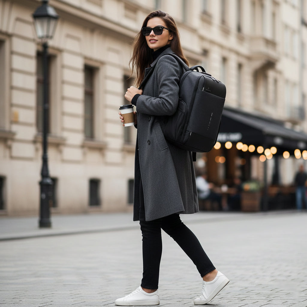 Woman walking on a city street holding a coffee cup and wearing a gray coat with a black commuter laptop best professional backpack by Riseicon.
