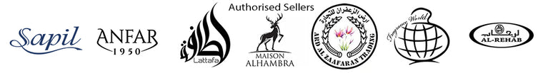 Authorised Seller Logos of various companies including Sapil, Anfar, Maison Alhambra, Lattafa, Al Rehab, and others on a white background.