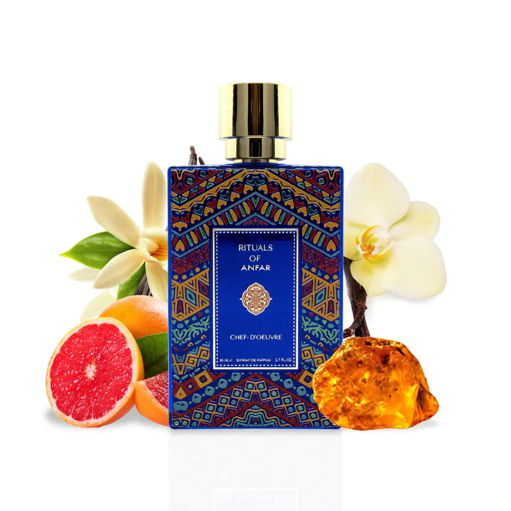 Chef-D'Oeuvre 80ml Rituals Of Anfar Perfume bottle with colourful packaging surrounded by perfume notes fruits and flowers on a white background
