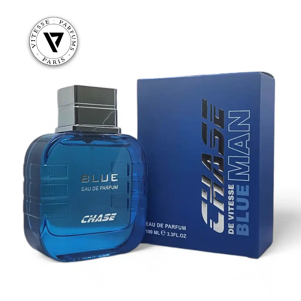 Blue perfume bottle and packaging with 'Vitesse Parfums' logo on a white background