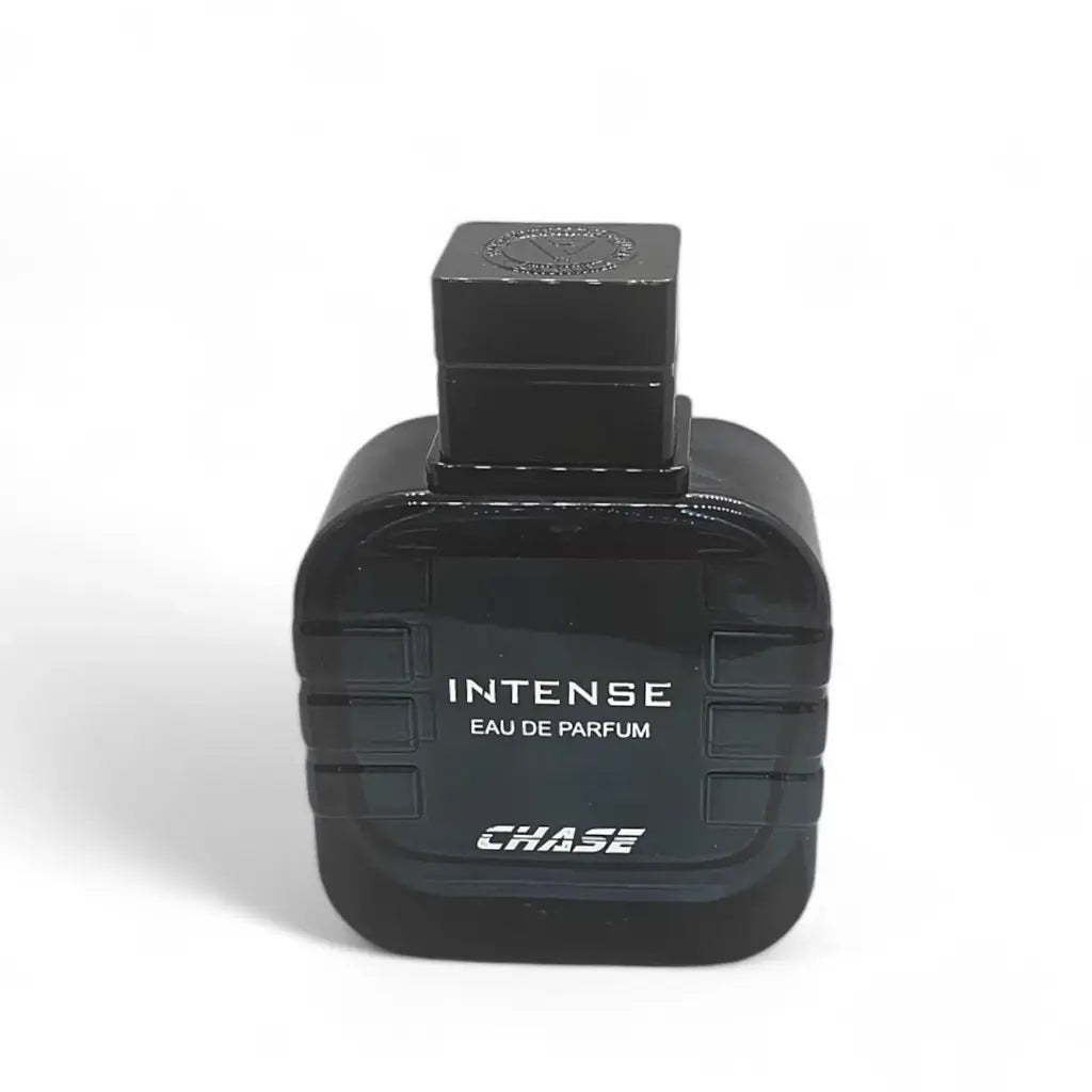 Black perfume bottle labeled 'Intense Eau de Parfum Chase' on a white background