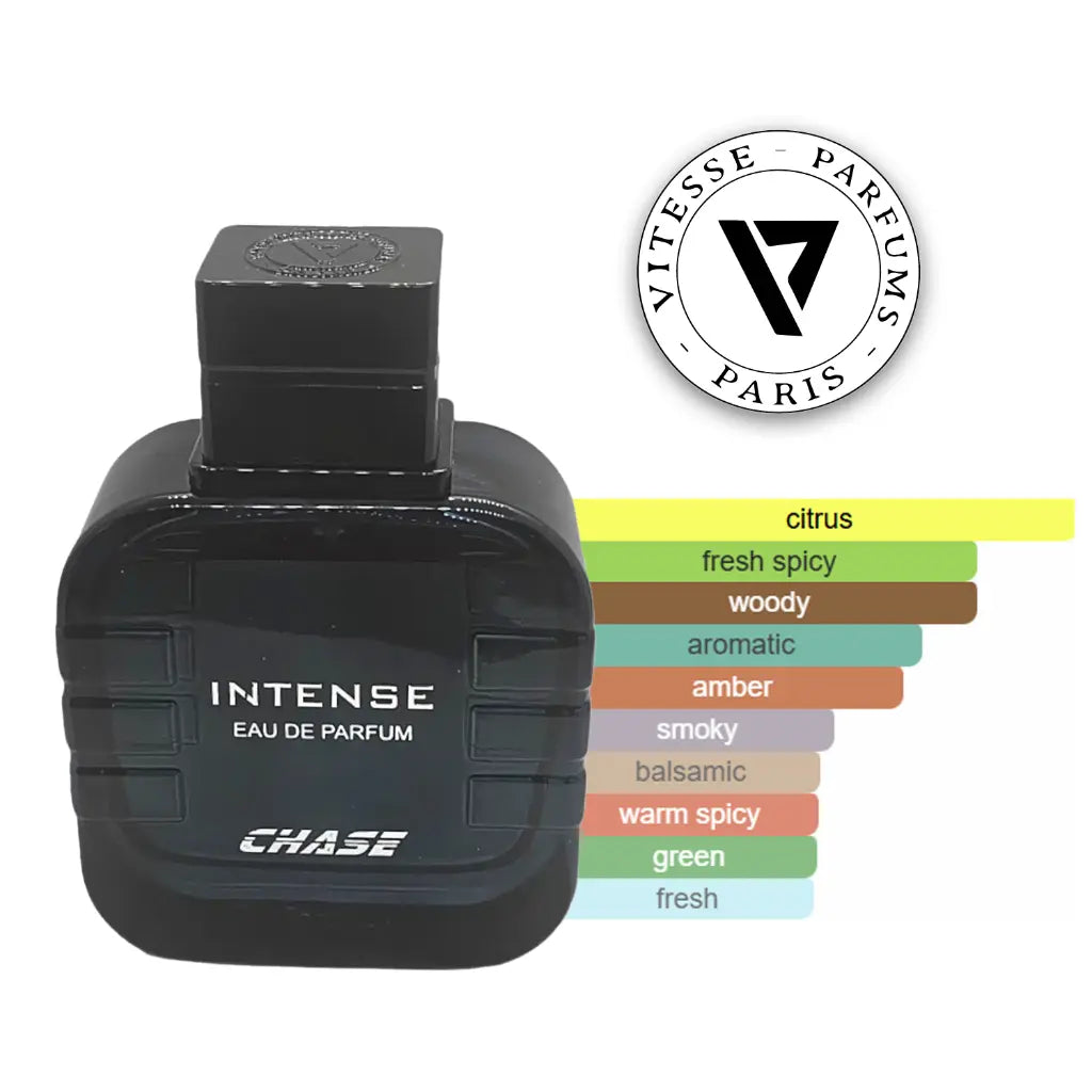 Black perfume bottle labeled 'Intense Eau de Parfum' by Chase with Vitesse Parfums Paris logo and fragrance notes on a white background.