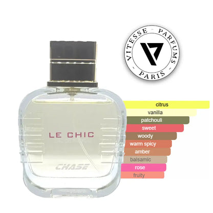 Perfume bottle labeled 'Chase Le Chic' by Vitesse Parfums Paris with fragrance notes on a white background.