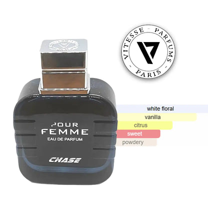 Perfume bottle labeled 'Chase Pour Femme' by Chase with Vitesse Parfums Paris logo on a white background addict