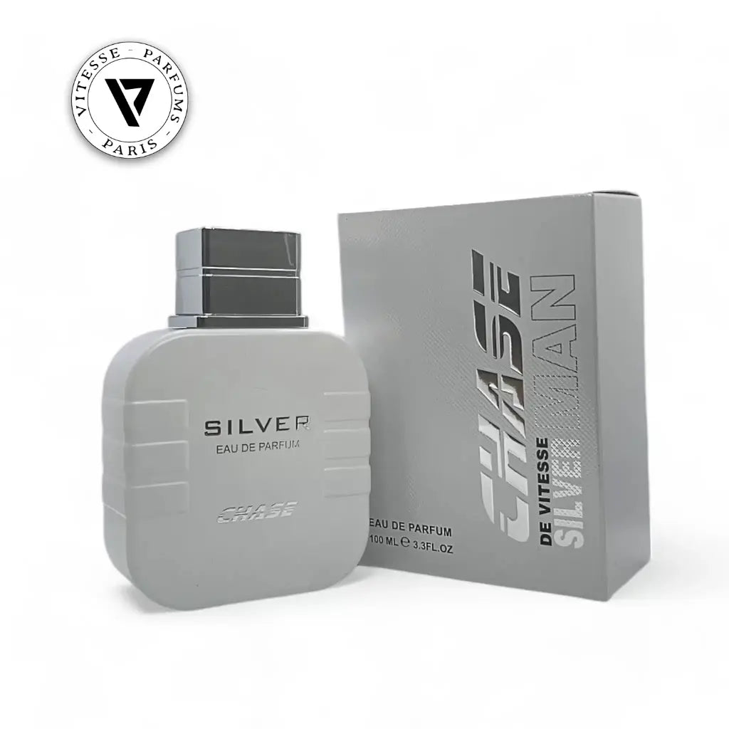 Vitesse Parfums Chase Silver Eau de Parfum bottle and packaging on a white background