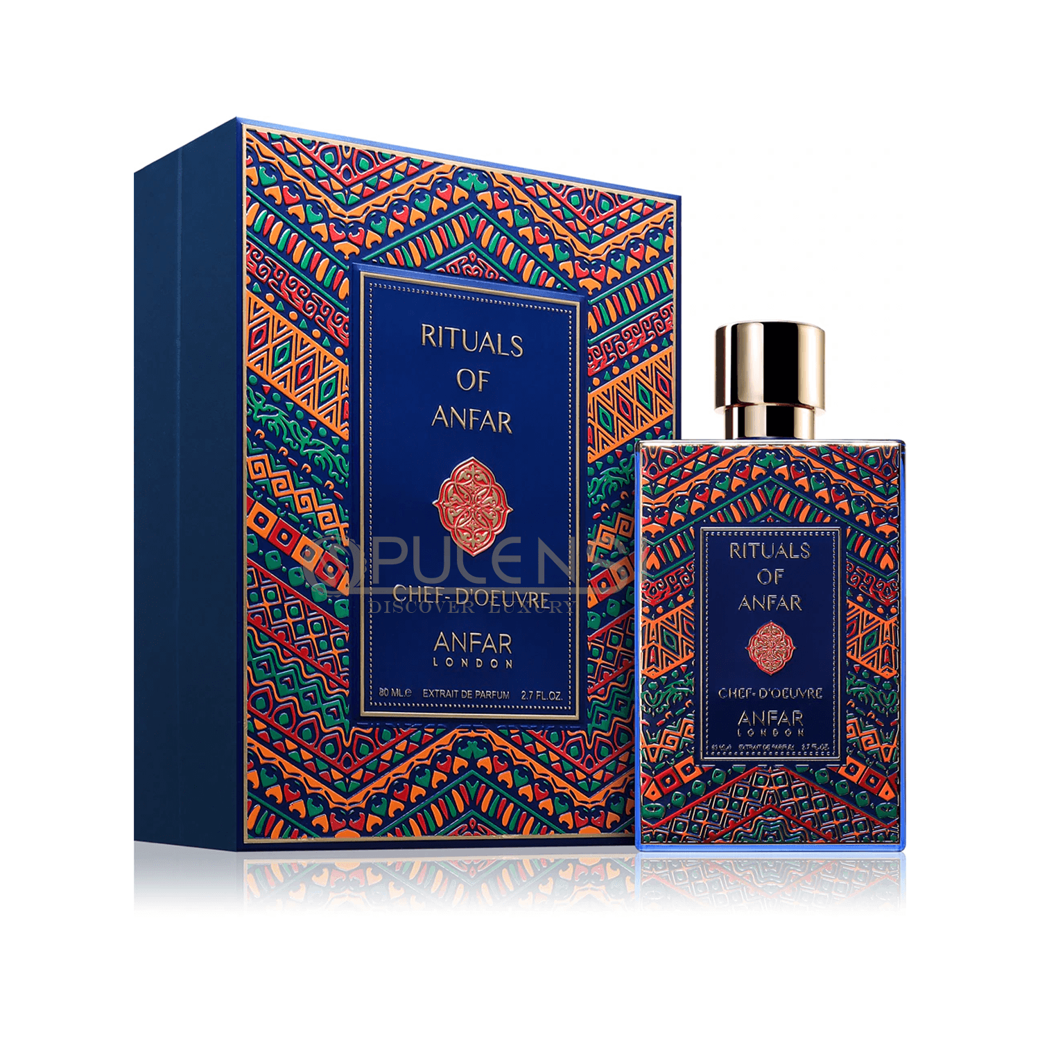 Chef-D_Oeuvre Rituals of Anfar perfume bottle and packaging with intricate design on a white background