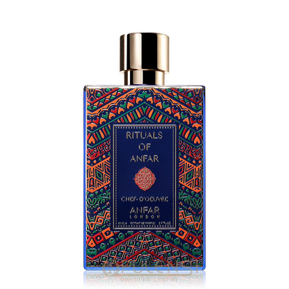 Chef-D'Oeuvre 80ml Rituals Of Anfar perfume bottle with colorful design and gold cap on a white background 