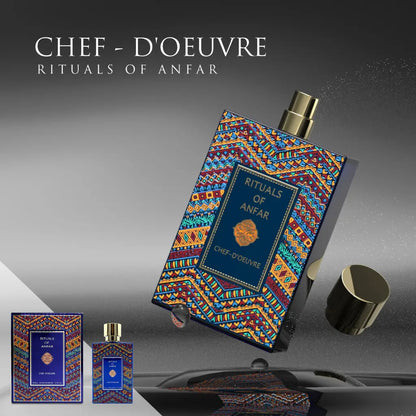 Chef-D'Oeuvre Rituals Of Anfar banner Perfume bottle with colorful geometric design and 'Chef-D'Oeuvre' branding on a gray background