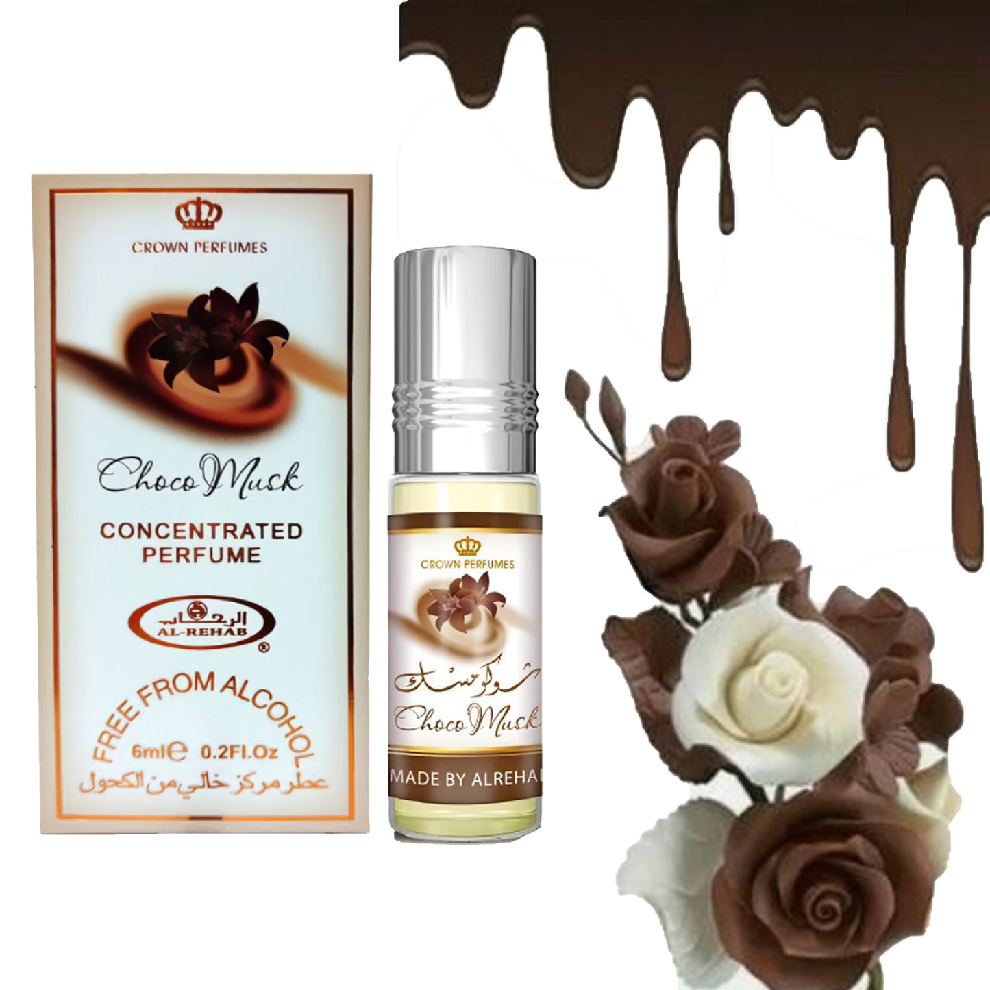 Choco Musk Roll On - 6 ml Perfume Oil attar By Al-Rehab  bottle and box chocolate display