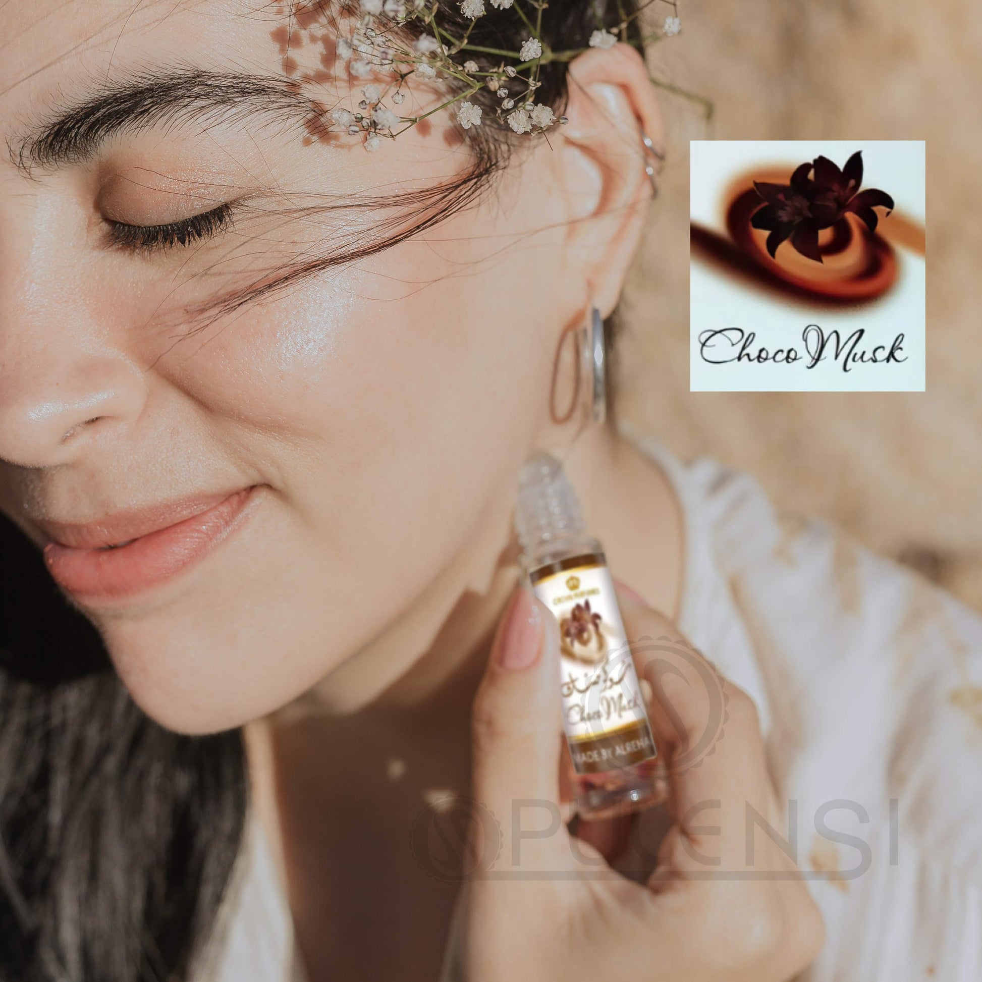 Choco Musk Roll On - 6 ml Perfume Oil attar By Al-Rehab  bottle and box lifestyle women using
