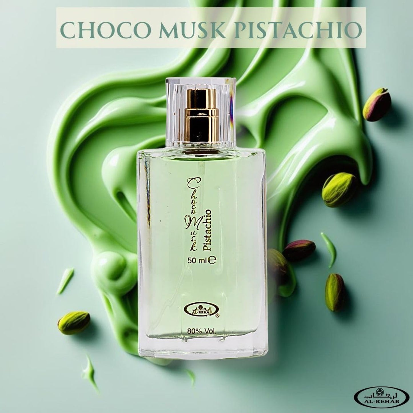 Perfume bottle labeled 'Choco Musk Pistachio' with pistachios on a green background