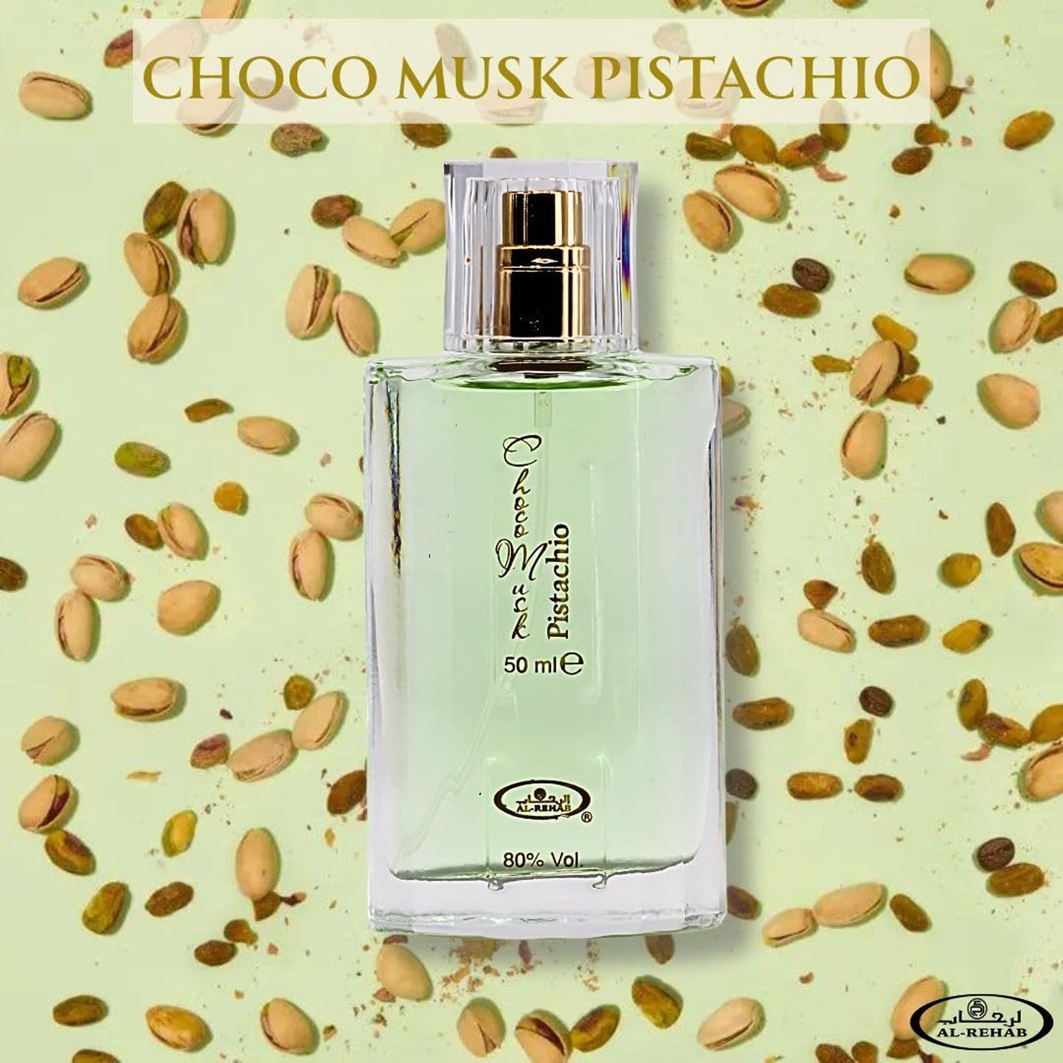 Perfume bottle labeled 'Choco Musk Pistachio' on a background with pistachios
