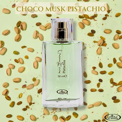Perfume bottle labeled 'Choco Musk Pistachio' on a background with pistachios