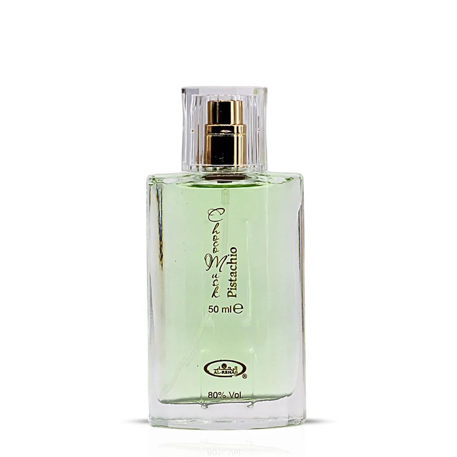 Perfume bottle labeled 'choco musk Pistachio' on a white background