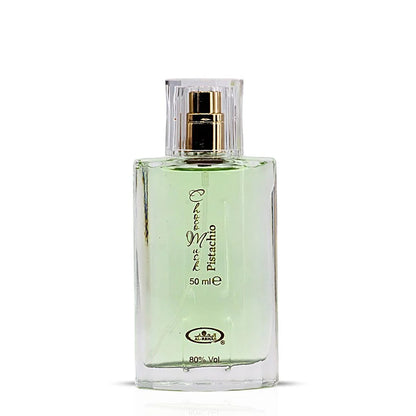 Perfume bottle labeled 'choco musk Pistachio' on a white background