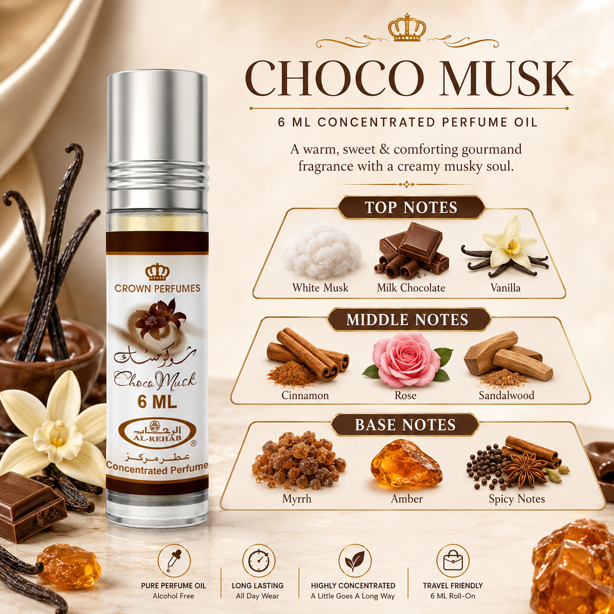 A bottle of Crown Perfumes Choco Musk 6ml concentrated perfume oil is shown on a warm beige background with decorative food props and a detailed scent notes infographic. The product features a silver rollerball cap and a white label with brown and gold accents.
