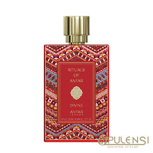 Divine Rituals of Anfar Perfume bottle with decorative label on a white background